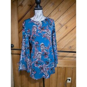 White House Black Market Teal Paisley Split Sleeve Tunic Blouse Small